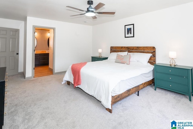 1004 Broken Bow Trl, Alabaster, AL 35007 - bedroom featuring light carpet, ceiling fan, and ensuite bath