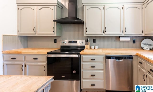 1004 Broken Bow Trl, Alabaster, AL 35007 - kitchen featuring appliances with stainless steel finishes, wall chimney range hood, and butcher block countertops