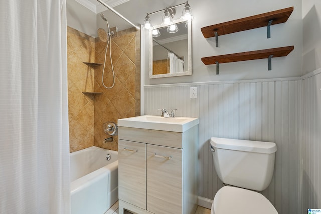4317 Warren Rd, Birmingham, AL 35213 - full bathroom featuring shower / bathtub combination with curtain, vanity, ornamental molding, and a wainscoted wall