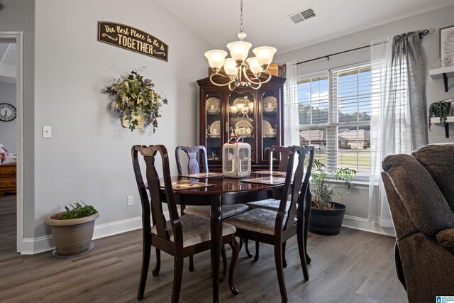 955 Clover Ave, Odenville, AL 35120 - dining space with a chandelier, wood finished floors, and lofted ceiling