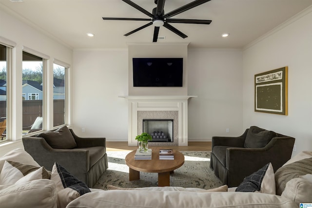 1313 Severn Way, Hoover, AL 35244 - living area with a ceiling fan, wood finished floors, crown molding, recessed lighting, and a fireplace