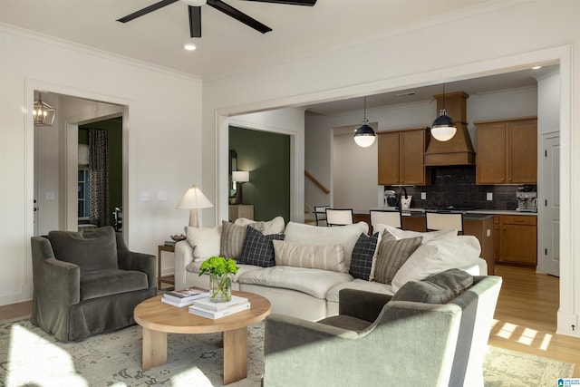 1313 Severn Way, Hoover, AL 35244 - living area with a ceiling fan, crown molding, light wood-style floors, and recessed lighting