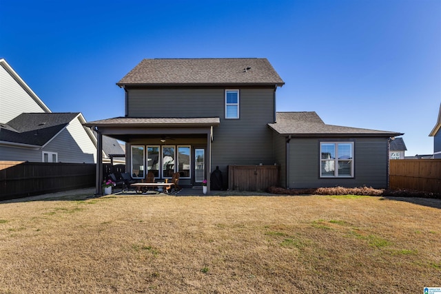 1313 Severn Way, Hoover, AL 35244 - back of property featuring ceiling fan, a patio, a fenced backyard, and a shingled roof