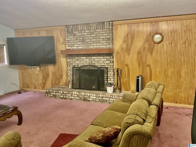 11201 Woodland Dr, Mccalla, AL 35111 - living area with carpet floors, wood walls, a brick fireplace, and a textured ceiling