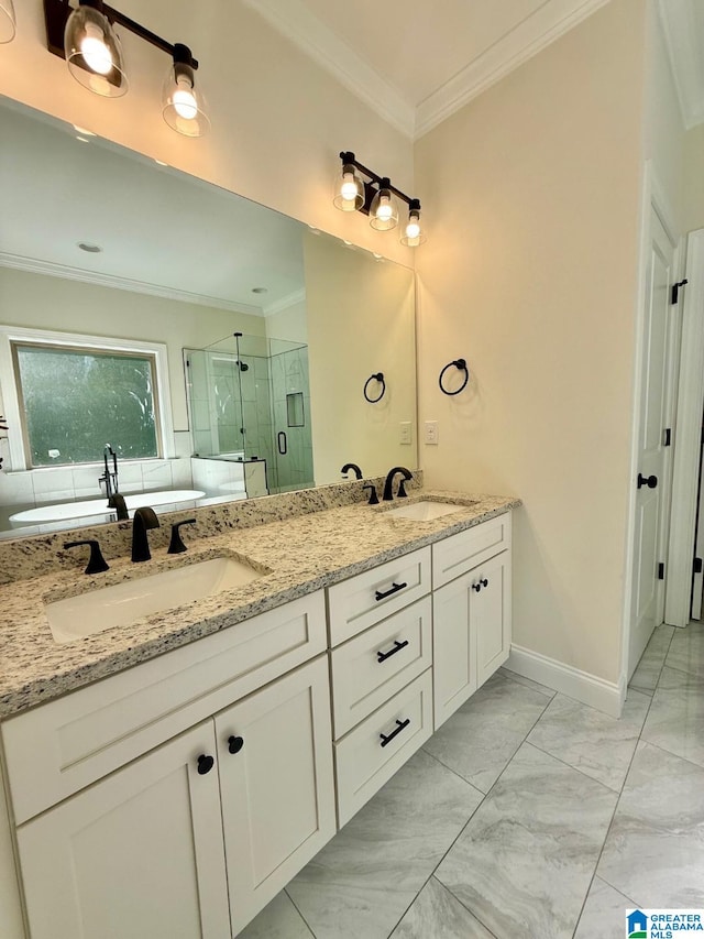 1029 Creel Dr, Moody, AL 35004 - bathroom with a stall shower, double vanity, ornamental molding, a freestanding bath, and marble finish floors