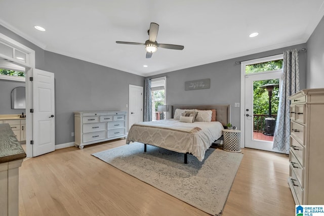 5012 Lake Crest Cir, Hoover, AL 35226 - bedroom with access to outside, light wood-style flooring, ornamental molding, recessed lighting, and a ceiling fan