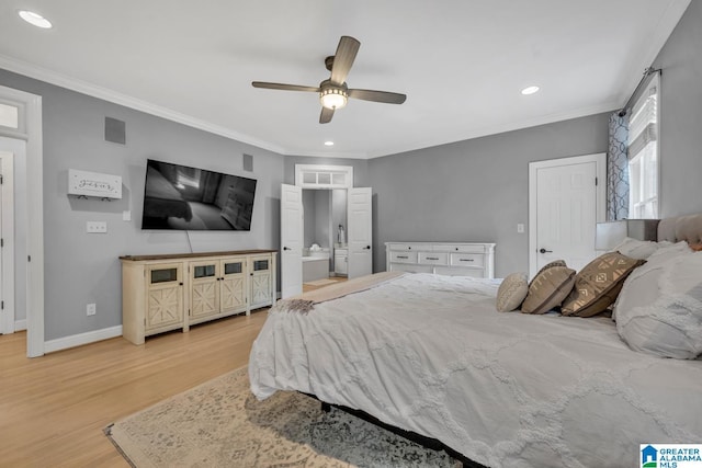 5012 Lake Crest Cir, Hoover, AL 35226 - bedroom featuring light wood-style floors, recessed lighting, crown molding, and ceiling fan