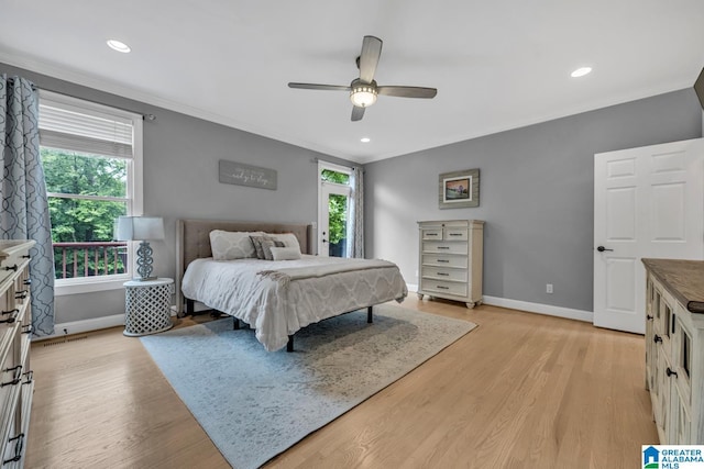 5012 Lake Crest Cir, Hoover, AL 35226 - bedroom with light wood-type flooring, ornamental molding, recessed lighting, and ceiling fan