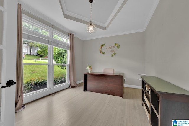 5012 Lake Crest Cir, Hoover, AL 35226 - office with a raised ceiling, light wood-type flooring, ornamental molding, and a chandelier