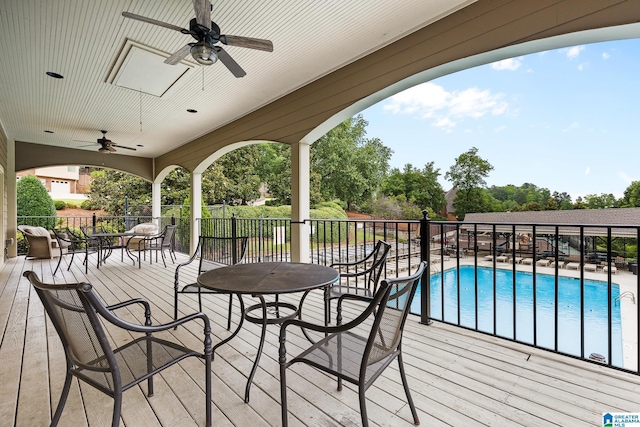 5012 Lake Crest Cir, Hoover, AL 35226 - deck featuring ceiling fan and view of wooded area