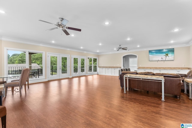 5012 Lake Crest Cir, Hoover, AL 35226 - living area with ceiling fan, ornamental molding, plenty of natural light, dark wood finished floors, and recessed lighting