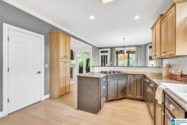 5012 Lake Crest Cir, Hoover, AL 35226 - kitchen featuring plenty of natural light, a peninsula, ornamental molding, light wood-style floors, and recessed lighting