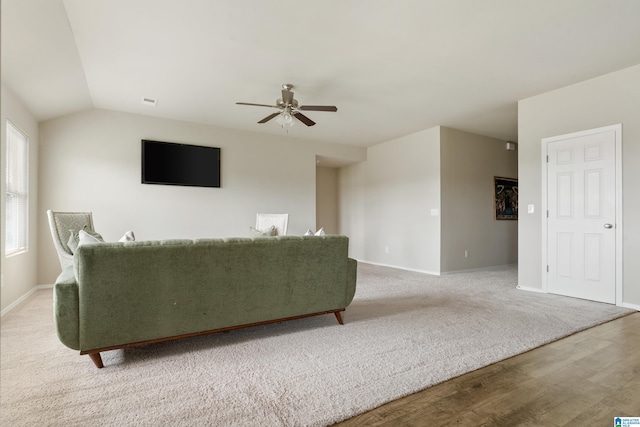 240 Hillcrest Dr, Montevallo, AL 35115 - living room featuring ceiling fan, wood finished floors, and vaulted ceiling