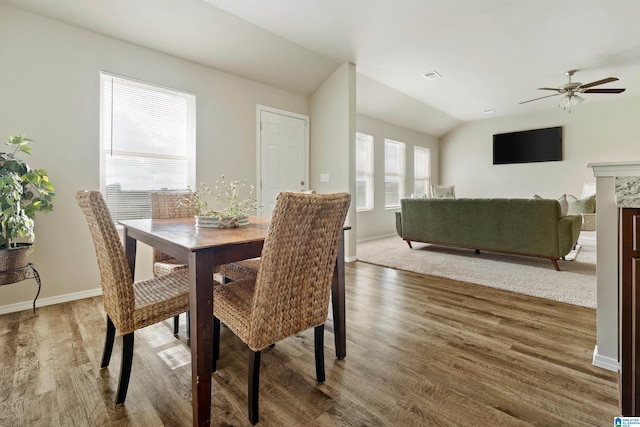240 Hillcrest Dr, Montevallo, AL 35115 - dining area with wood finished floors, ceiling fan, and lofted ceiling