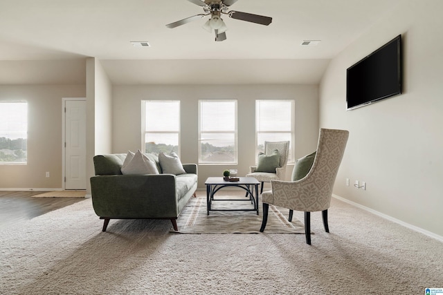 240 Hillcrest Dr, Montevallo, AL 35115 - carpeted living area featuring ceiling fan and lofted ceiling