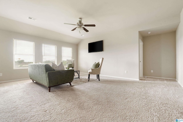 240 Hillcrest Dr, Montevallo, AL 35115 - carpeted living room featuring a ceiling fan and lofted ceiling