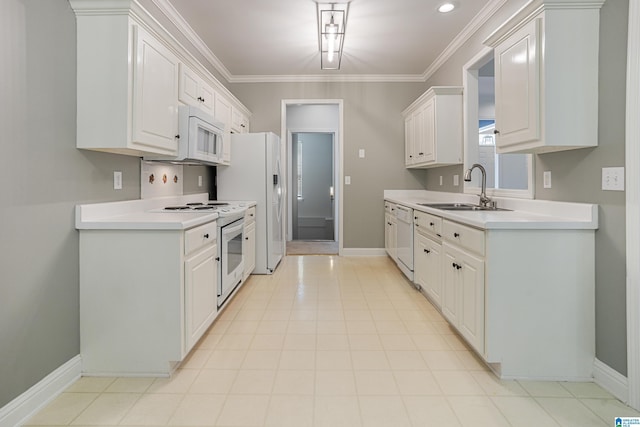 148 Grande View Ln, Alabaster, AL 35114 - kitchen featuring white appliances, light countertops, ornamental molding, and white cabinets