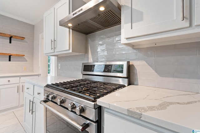 1701 S 16th Ave, Birmingham, AL 35205 - kitchen featuring stainless steel range with gas cooktop, wall chimney exhaust hood, crown molding, white cabinets, and open shelves