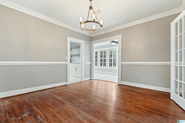 1701 S 16th Ave, Birmingham, AL 35205 - spare room with a chandelier, hardwood / wood-style flooring, crown molding, and a ceiling fan
