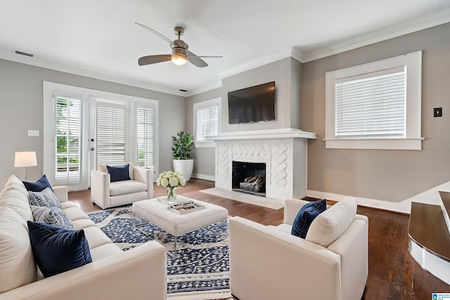 1701 S 16th Ave, Birmingham, AL 35205 - living area with wood finished floors, crown molding, a ceiling fan, and a premium fireplace