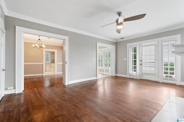 1701 S 16th Ave, Birmingham, AL 35205 - empty room featuring wood finished floors, a ceiling fan, ornamental molding, and a chandelier