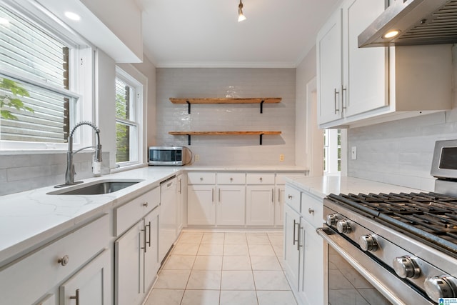 1701 S 16th Ave, Birmingham, AL 35205 - kitchen featuring stainless steel appliances, under cabinet range hood, backsplash, ornamental molding, and white cabinets