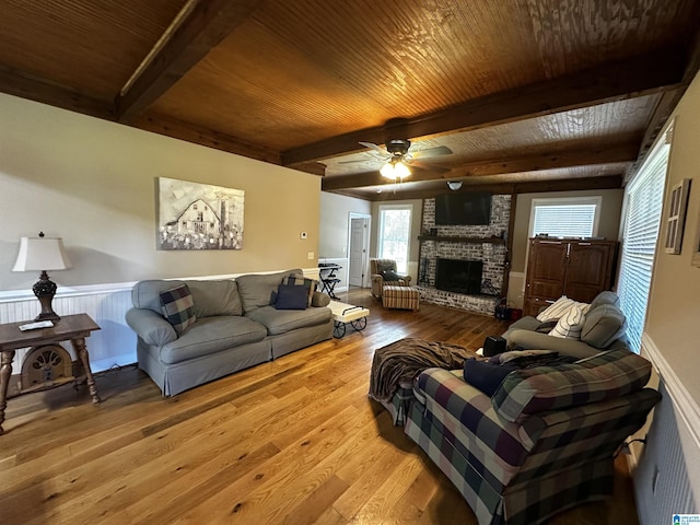 76 Goggins Dr, Montevallo, AL 35115 - living area featuring a wood ceiling with exposed beams, hardwood / wood-style floors, ceiling fan, a fireplace, and wainscoting
