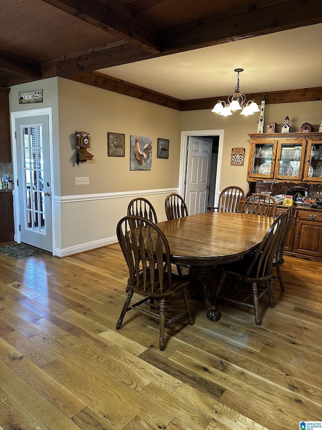 76 Goggins Dr, Montevallo, AL 35115 - dining room with beamed ceiling, a chandelier, wainscoting, and wood finished floors