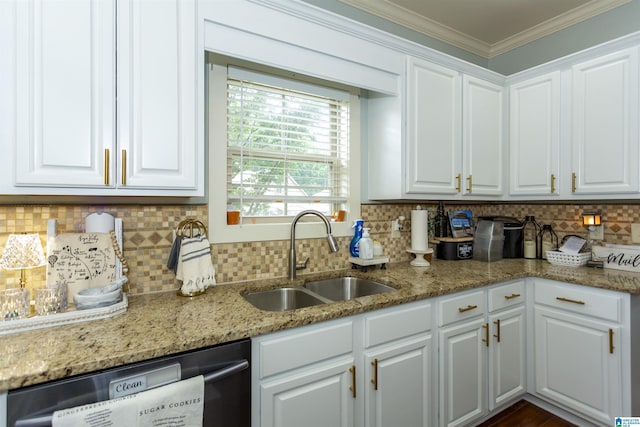 1120 Weybridge Way, Pelham, AL 35124 - kitchen with dishwasher, white cabinets, decorative backsplash, light stone countertops, and ornamental molding