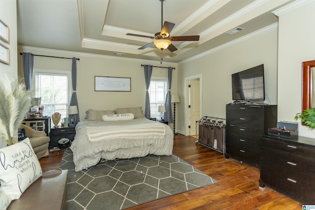 1120 Weybridge Way, Pelham, AL 35124 - bedroom with a raised ceiling, dark wood-style flooring, multiple windows, crown molding, and ceiling fan