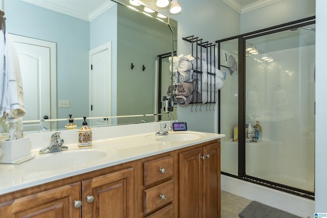 1120 Weybridge Way, Pelham, AL 35124 - bathroom featuring a shower stall, ornamental molding, double vanity, and tile patterned floors