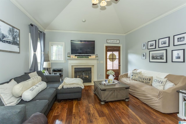 1120 Weybridge Way, Pelham, AL 35124 - living room with vaulted ceiling, a ceiling fan, dark wood finished floors, a fireplace with flush hearth, and plenty of natural light