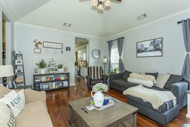 1120 Weybridge Way, Pelham, AL 35124 - living area featuring ceiling fan, dark wood finished floors, vaulted ceiling, and ornamental molding