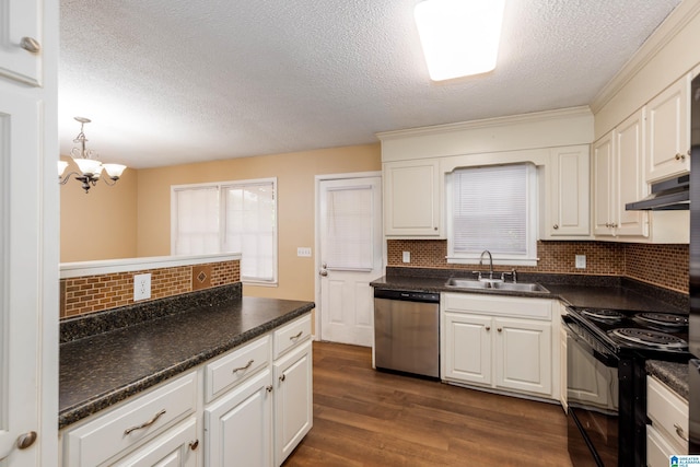 2517 Wright Cir, Birmingham, AL 35235 - kitchen featuring dishwasher, a textured ceiling, black electric range oven, under cabinet range hood, and dark countertops