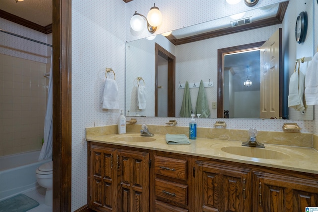 3518 William And Mary Rd, Hoover, AL 35216 - full bathroom with wallpapered walls, crown molding, double vanity, and shower / bath combination with curtain