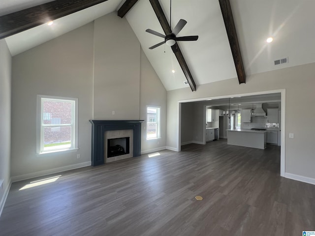 1234 Simms Rdg, Pelham, AL 35124 - unfurnished living room featuring high vaulted ceiling, beam ceiling, ceiling fan, a fireplace, and dark wood-type flooring