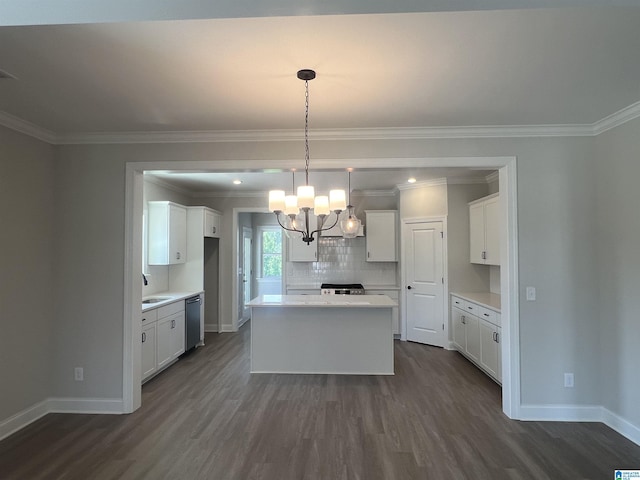 1234 Simms Rdg, Pelham, AL 35124 - kitchen with dishwasher, dark wood-style floors, a chandelier, backsplash, and a center island