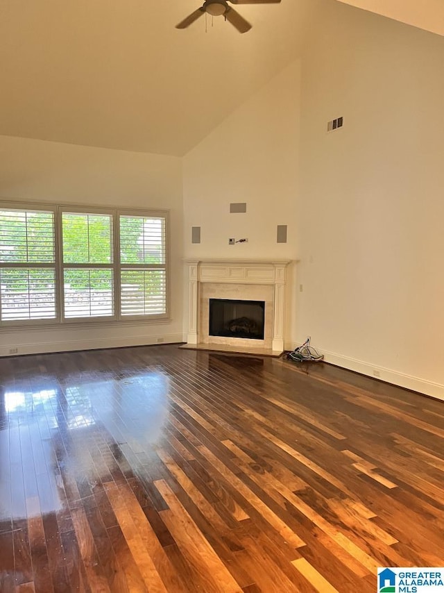 1664 Warren Ln, Vestavia Hills, AL 35243 - unfurnished living room featuring dark wood-style flooring, high vaulted ceiling, ceiling fan, and a fireplace