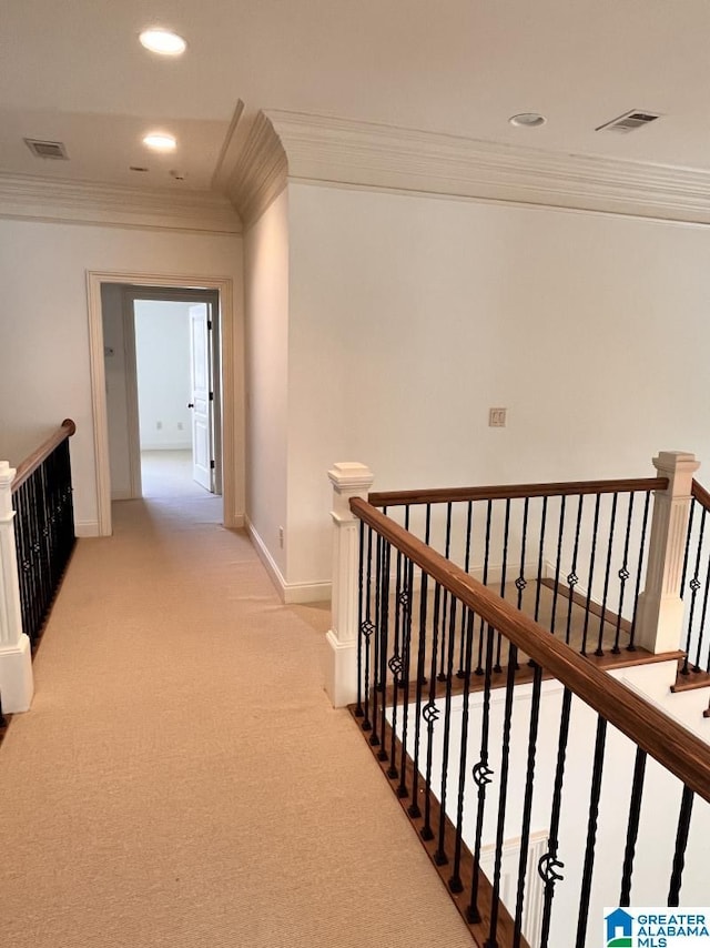 1664 Warren Ln, Vestavia Hills, AL 35243 - hall with an upstairs landing, crown molding, light carpet, and recessed lighting