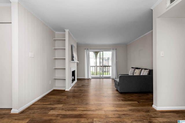 3023 Massey Rd Unit L, Vestavia Hills, AL 35216 - living area with ornamental molding, dark wood finished floors, a fireplace, and built in features
