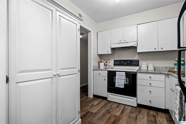 3023 Massey Rd Unit L, Vestavia Hills, AL 35216 - kitchen featuring white electric range oven, under cabinet range hood, dark wood-style flooring, white cabinetry, and light stone countertops