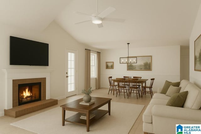 4033 Saddle Run Cir, Pelham, AL 35124 - living room with a chandelier, a tile fireplace, a ceiling fan, vaulted ceiling, and light tile patterned floors