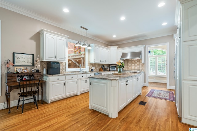 1007 Eagle Hill Dr, Birmingham, AL 35242 - kitchen with extractor fan, white cabinetry, light wood-type flooring, crown molding, and decorative backsplash