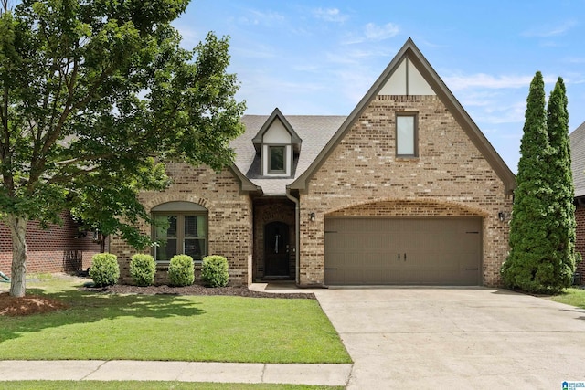 1185 Overlook Dr, Trussville, AL 35173 - tudor house with brick siding, concrete driveway, a front yard, a shingled roof, and a garage