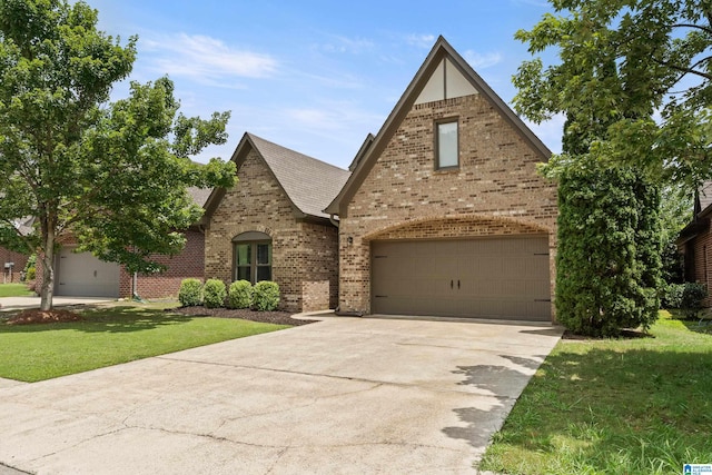 1185 Overlook Dr, Trussville, AL 35173 - tudor-style house with brick siding, concrete driveway, a front lawn, a garage, and a shingled roof