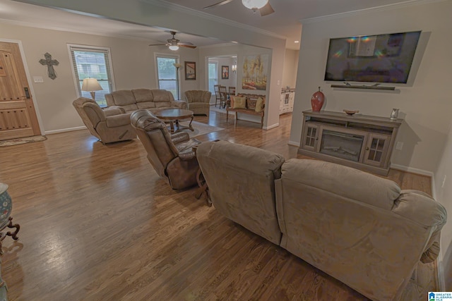 2191 Whiting Rd, Hoover, AL 35216 - living area featuring wood finished floors, ornamental molding, and a ceiling fan