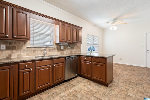 313 Chadwick Pl, Helena, AL 35080 - kitchen with dishwasher, ceiling fan, tasteful backsplash, a peninsula, and crown molding