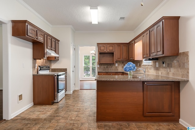 313 Chadwick Pl, Helena, AL 35080 - kitchen featuring white range with electric cooktop, under cabinet range hood, a peninsula, stone counters, and a textured ceiling