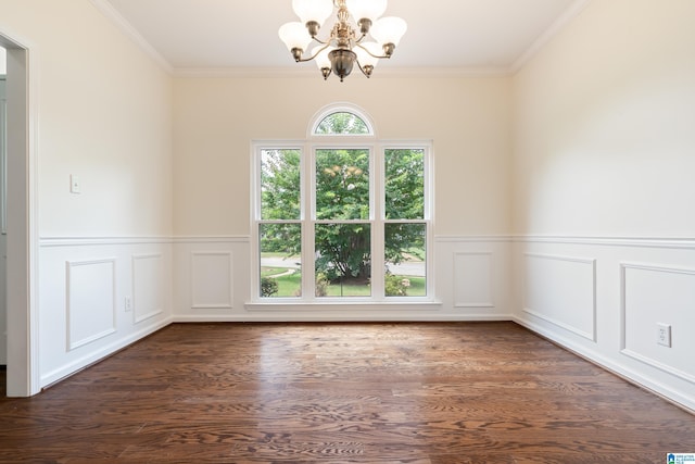 313 Chadwick Pl, Helena, AL 35080 - unfurnished room featuring a chandelier, ornamental molding, a wainscoted wall, dark wood finished floors, and a decorative wall