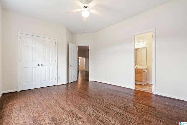 313 Chadwick Pl, Helena, AL 35080 - unfurnished bedroom featuring wood finished floors, a closet, a ceiling fan, and ensuite bath